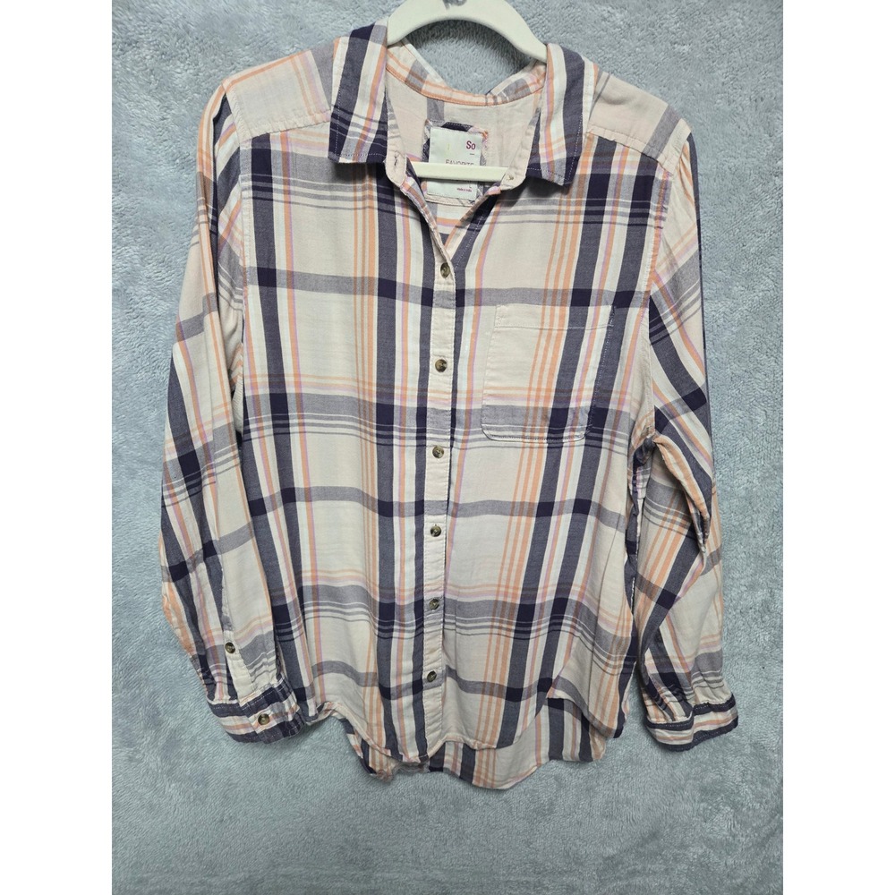 SO Favorite Button-Down Shirt Womens Large Plaid Cotton Modal Purple Orange L